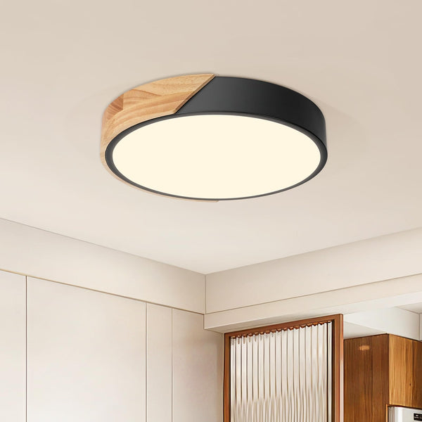 LED Deckenleuchte 24W ∅30cm, Moderne Deckenlampe Schwarz mit Holzoptik 3000K, für Wohnzimmer, Schlafzimmer, Küche, Flur, Balkon