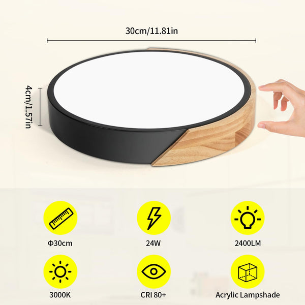 LED Deckenleuchte 24W ∅30cm, Moderne Deckenlampe Schwarz mit Holzoptik 3000K, für Wohnzimmer, Schlafzimmer, Küche, Flur, Balkon