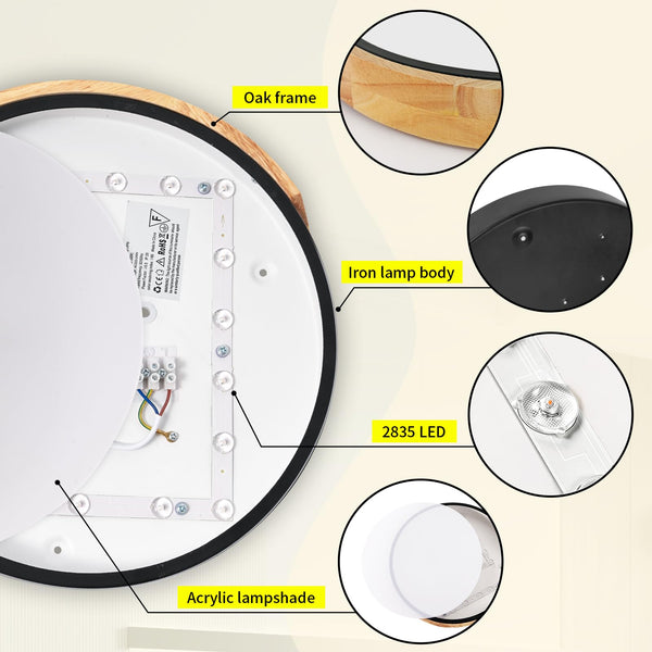 LED Deckenleuchte 24W ∅30cm, Moderne Deckenlampe Schwarz mit Holzoptik 3000K, für Wohnzimmer, Schlafzimmer, Küche, Flur, Balkon