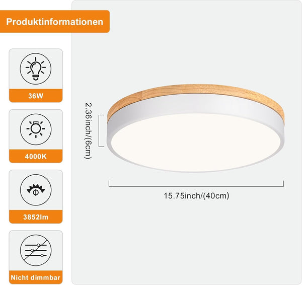 Deckenlampe, LED Deckenleuchte Holz 40cm, Flach Deckenleuchte Weiß, 36W Rund Lampe für Wohnzimmer Schlafzimmer Küche Flur Esszimmer 4000K