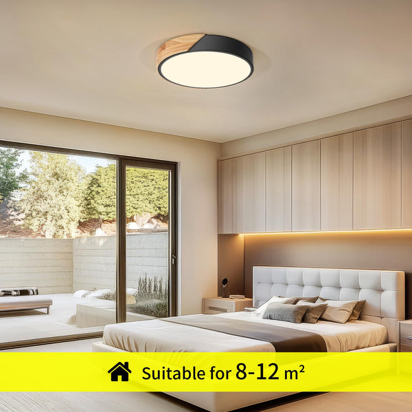 LED Deckenleuchte 24W ∅30cm, Moderne Deckenlampe Schwarz mit Holzoptik 3000K, für Wohnzimmer, Schlafzimmer, Küche, Flur, Balkon