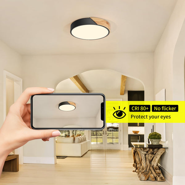 LED Deckenleuchte 24W ∅30cm, Moderne Deckenlampe Schwarz mit Holzoptik 3000K, für Wohnzimmer, Schlafzimmer, Küche, Flur, Balkon