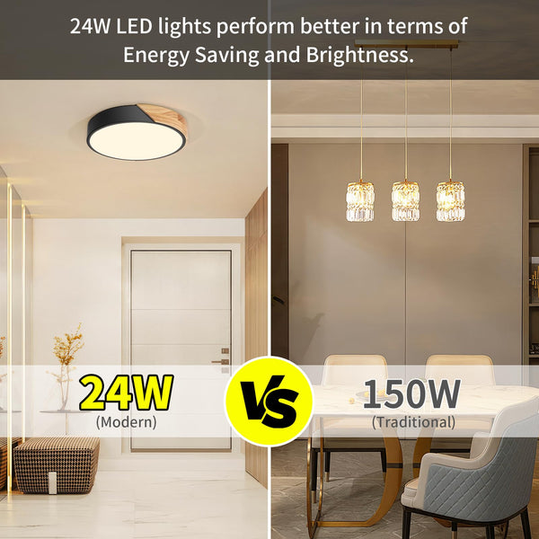 LED Deckenleuchte 24W ∅30cm, Moderne Deckenlampe Schwarz mit Holzoptik 3000K, für Wohnzimmer, Schlafzimmer, Küche, Flur, Balkon