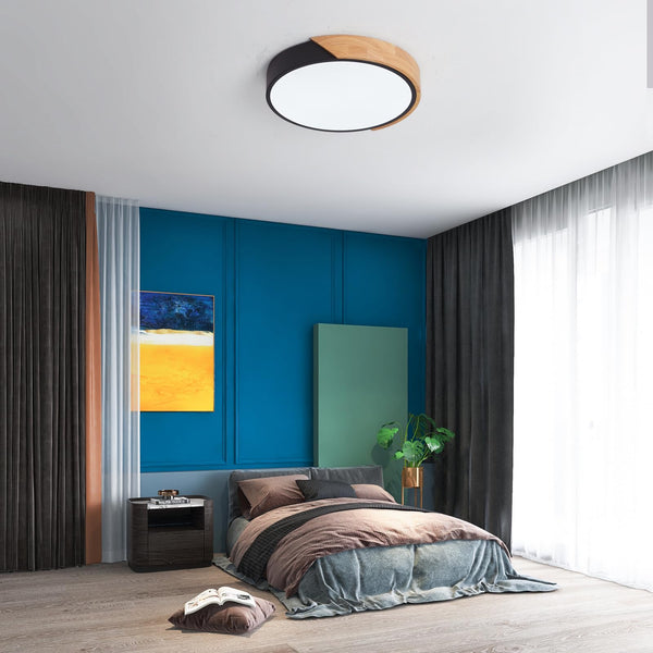Led Deckenlampe Holz 24W Runde Ø30cm,Weißes Licht 6500K Deckenleuchte,Schwarz Led Lampen Deckenlampen für Wohnzimmer Schlafzimmer Küche Restaurant Badezimmer Büro Balkon Flur Keller
