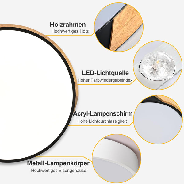 LED Deckenleuchte, Deckenlampe 30cm, Schwarz Deckenleuchte, Moderne Lampe Holz für Wohnzimmer Schlafzimmer Küche Esszimmer Flur 4000K