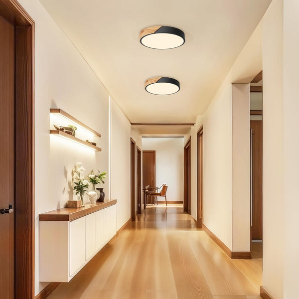 LED Deckenleuchte 24W ∅30cm, Moderne Deckenlampe Schwarz mit Holzoptik 3000K, für Wohnzimmer, Schlafzimmer, Küche, Flur, Balkon