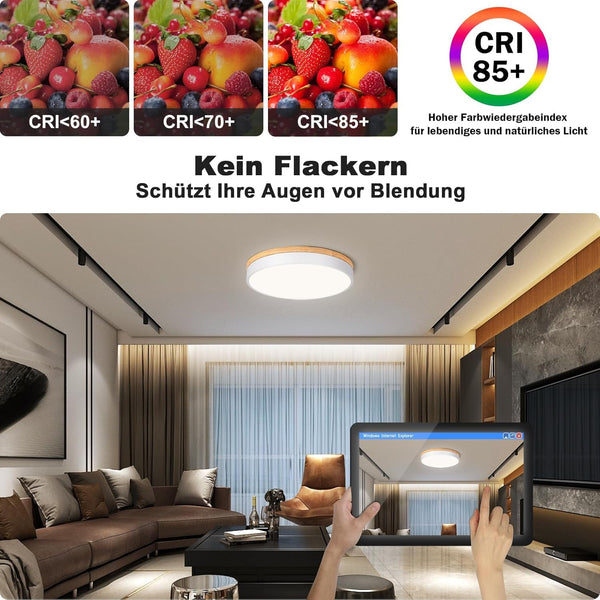 Deckenlampe, LED Deckenleuchte Holz 40cm, Flach Deckenleuchte Weiß, 36W Rund Lampe für Wohnzimmer Schlafzimmer Küche Flur Esszimmer 4000K