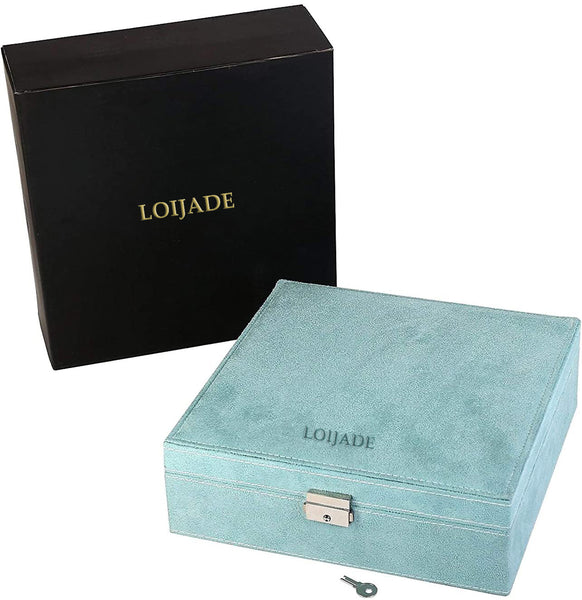 LOIJADE Two-Layer lint Jewelry Box Organizer Display Storage case with Lock (Blue)