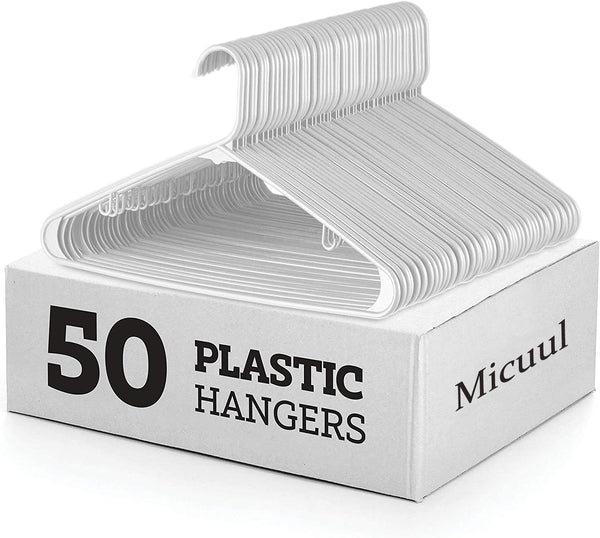 Micuul White Standard Plastic Hangers (50 Pack) Durable Tubular Shirt Hanger Ideal for Laundry & Everyday Use, Slim & Space Saving, Heavy Duty Clothes Hanger for Coats, Pants, Dress, Etc. Hangs up to 5.5 lbs
