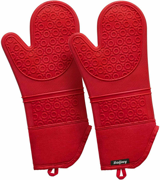 Jiojioy Extra Long Silicone Oven Mitt: 500 F Heat Resistant Kitchen Mittens Non Slip Pot Holders 15 Inches Flexible Oven Mits Potholders for Cooking Baking, Box Wrap, Red, Pack of 2