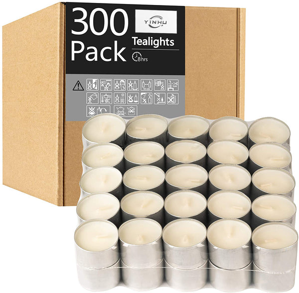 YINHU Tealight Candles - 8 Hour Long time Burning, Giant 100,200,300 Packs -White Smokeless Tea Light Unscented Candles for Shabbat, Weddings, Christmas,Home Decorative - 300 Pack