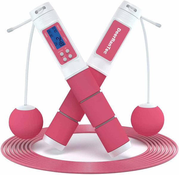 DeerRanTec Jump Rope, Speed Digital Counting Skipping Rope with Calorie Counter and Alarm Reminder, Adjustable Length-Cordless Jumping Rope for Men Women Kids Fitness Exercise