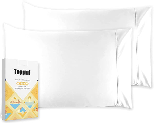 Topjini 400 Thread Count 100% Cotton Pillow Cases, Pure White Standard Pillowcase Set of 2, Long-Staple Combed Pure Natural Cotton Pillows for Sleeping, Soft & Silky Sateen Weave Bed Pillow Cases
