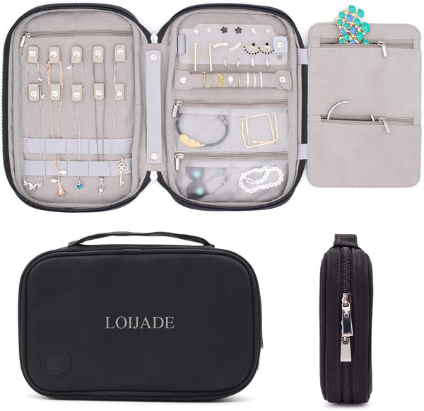 LOIJADE Travel Jewelry Organizer, Faux Leather Clutch Bag for Necklaces, Earrings, Rings and Bracelets (Black)
