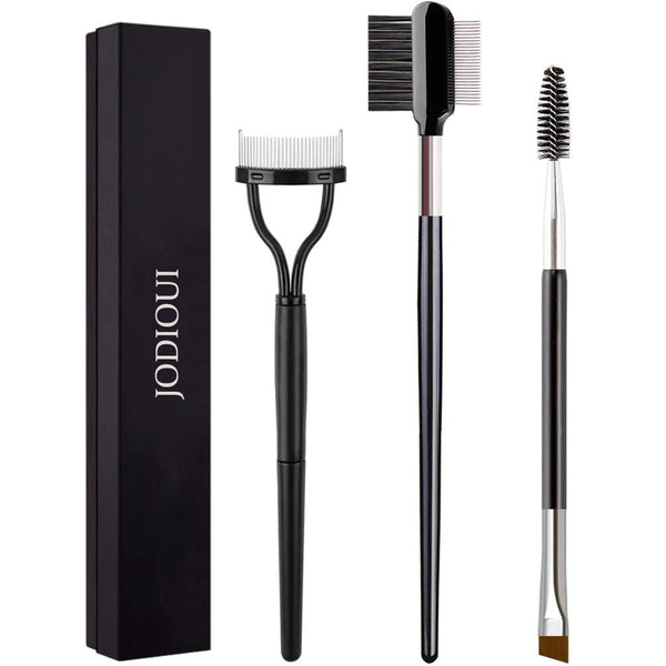 JODIOUI 3Pcs Duo Eyebrow Brush and Spoolie & Eyelash Comb Curlers & Steel Brow Brush Comb Makeup Grooming Tool