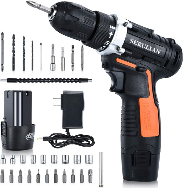 SERULIAN 12V Cordless Drill, 31Pcs Drill Kit Power Drill with 3/8 Inch Keyless Chuck, 15+1 Torque Setting, LED Light, Speed Electric Drill for Drilling Wall, Bricks, Wood, Metal