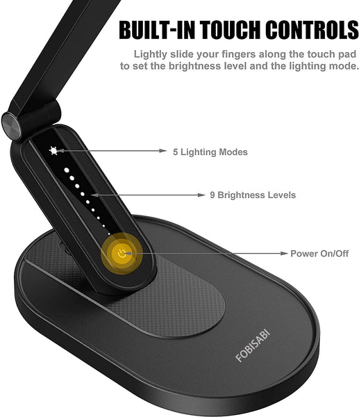 LED Desk Lamp, FOBISABI Eye-Caring Table Lamps Natural Light Protects Eyes Dimmable Office Lamp with 5 Color Modes USB Charging Port Touch Control and Memory Function, 10W Reading Lamp,Black