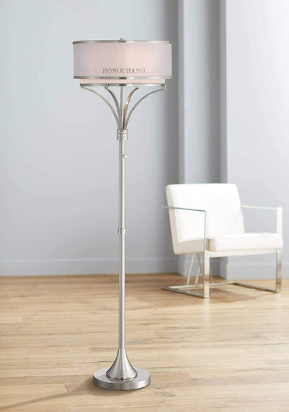 Candice Modern Contemporary Tall Standing Floor Lamp Brushed Nickel Dual Silver Organza White Linen Fabric Drum Shade Decor for Living Room Reading House Bedroom Home Office - HONGCHANG