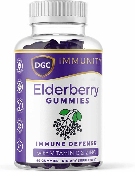DGC 100 mg Elderberry Gummies for Adults | Herbal Supplements with Vitamin C and Black Elderberry | Plant Based Pectin, Vegetarian and Vegan Friendly | 60 Count Immune Support Gummies