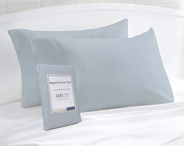Magnetic Screen Door 400 Thread Count Pillowcases, 100% Combed Cotton Sateen Weave, Sky Blue Standard Size, Long Staple Pillow Covers with Stylish 4" Hem - Set of 2