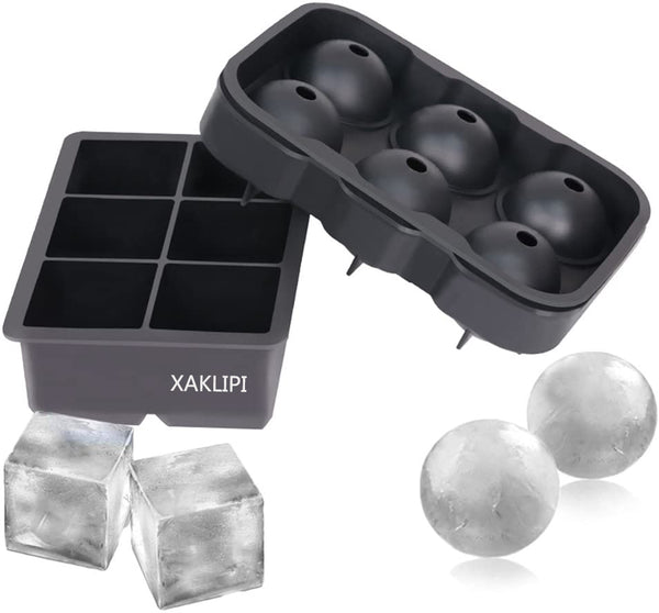 XAKLIPI Ice Cube Trays (Set of 2), Silicone Sphere Whiskey Ice Ball Maker with Lids & Large Square Ice Cube Molds for Cocktails & Bourbon - Reusable & BPA Free