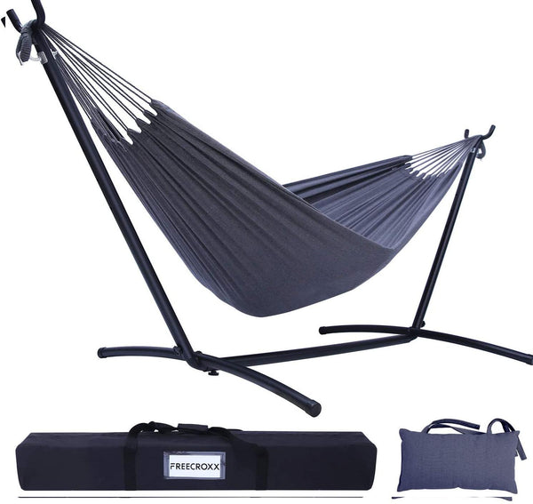 FREECROXX Hammock with Stand, Double Hammock with Space Saving Steel Stand & Pillow, 2-Person Hammock with Portable Carrying Bag for Outdoor Garden Yard Porch Patio & Indoor Space, 450 lb Capacity, Grey