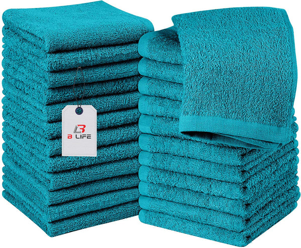 B Life 100% Cotton Washcloths 24 Pack |Washcloths for Face Soft| Cotton Washcloths Bulk| Essential Wash Cloths for Bathroom| Face Towels Teal| Washcloths 12x12 in| 400 GSM |Face Towel Pack of 24