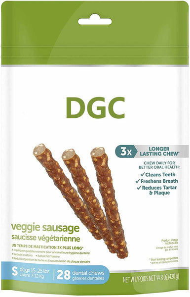 DGC Natural Grain Free Daily Dental Long Lasting Dog Treats, Veggie Sausage, Small, Bag of 28