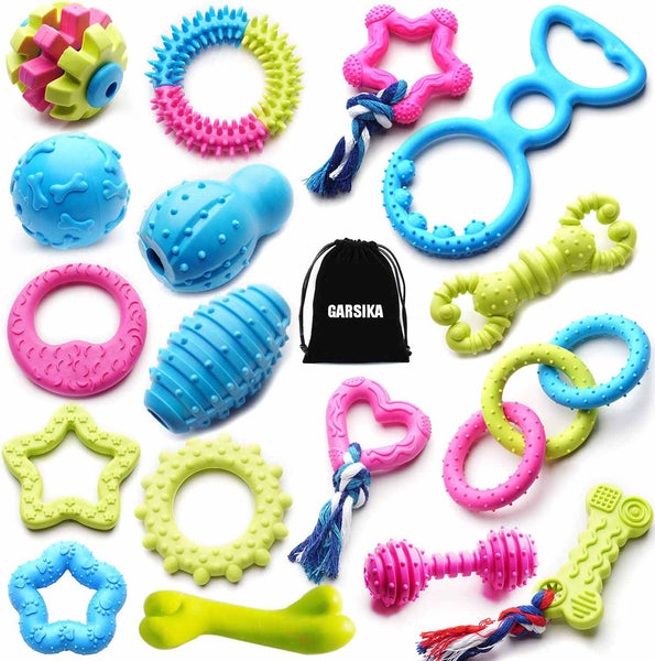 GARSIKA 17 Packs Durable Pet Puppy Dog Chew Toys Set Puppy Teething Ball Toys Puppy Rope Dog Tug Toy Safety Design