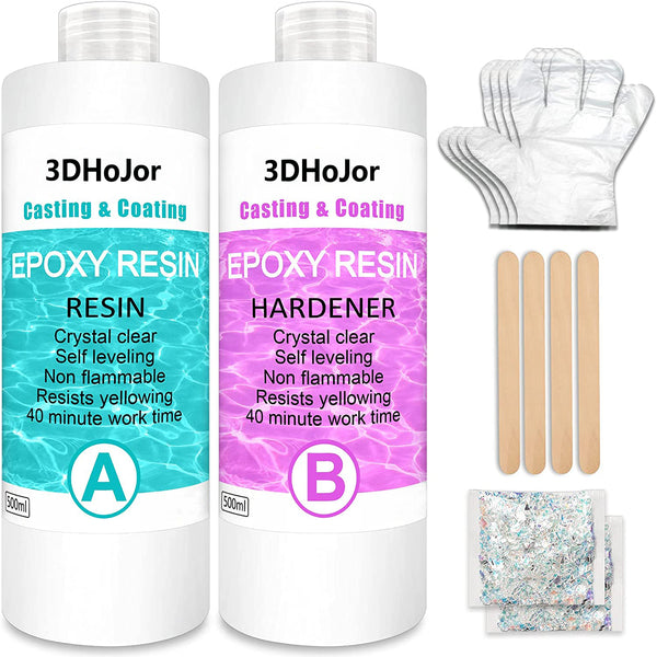 3DHoJor Epoxy Resin Clear Crystal Coating Kit 1000ml/38.4oz - 2 Part Casting Resin for Art, Craft, Jewelry Making, River Tables, Gloves, Measuring Cup and Wooden Sticks