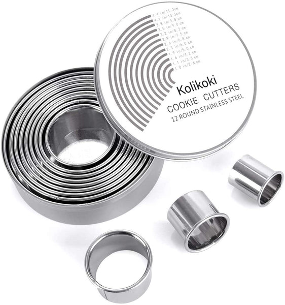 Kolikoki 12 Pieces Round Cookie Biscuit Cutter Set,Graduated Circle Pastry Cutters,18/8 Stainless Steel Cookie Cutters And Donut Cutter Ring Molds