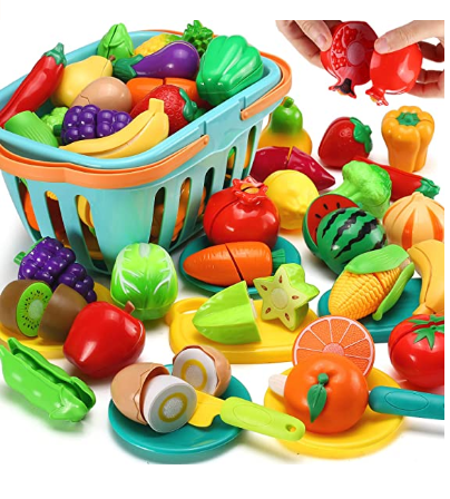70 PCS Cutting Play Food Toy for Kids Kitchen, Pretend Fruit &Vegetables Accessories with Shopping Storage Basket, Plastic Mini Dishes and Knife