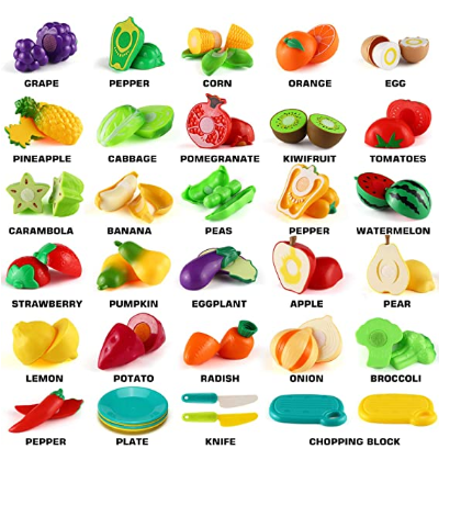 70 PCS Cutting Play Food Toy for Kids Kitchen, Pretend Fruit &Vegetables Accessories with Shopping Storage Basket, Plastic Mini Dishes and Knife