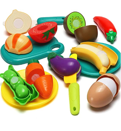70 PCS Cutting Play Food Toy for Kids Kitchen, Pretend Fruit &Vegetables Accessories with Shopping Storage Basket, Plastic Mini Dishes and Knife
