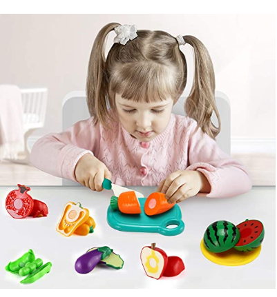 70 PCS Cutting Play Food Toy for Kids Kitchen, Pretend Fruit &Vegetables Accessories with Shopping Storage Basket, Plastic Mini Dishes and Knife
