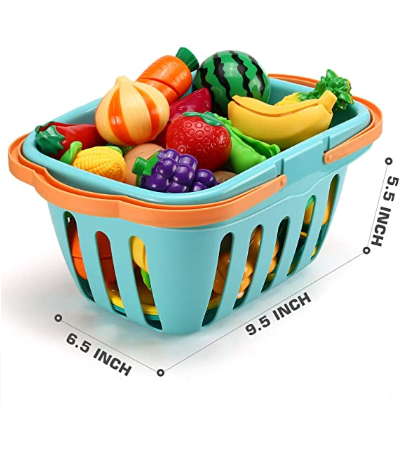 70 PCS Cutting Play Food Toy for Kids Kitchen, Pretend Fruit &Vegetables Accessories with Shopping Storage Basket, Plastic Mini Dishes and Knife