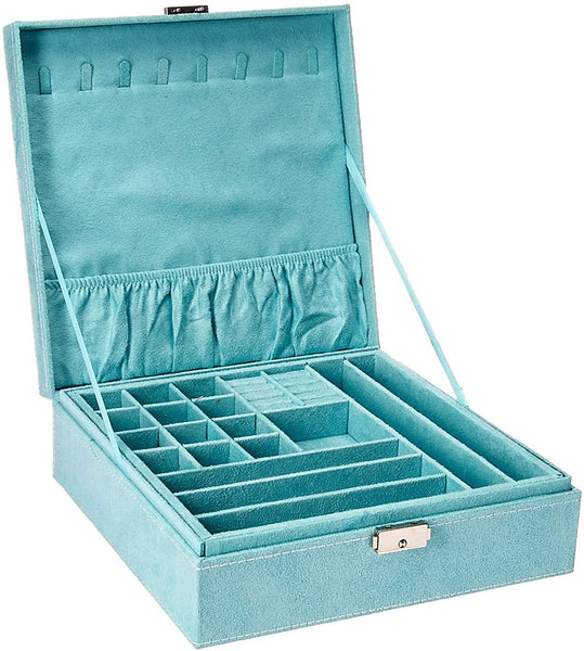 LOIJADE Two-Layer lint Jewelry Box Organizer Display Storage case with Lock (Blue)