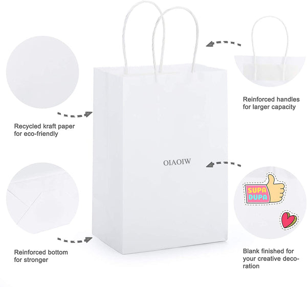 Kraft Paper Bags with Handles, 5.25x3.75x8 White Kraft Gift Bag, 50 Pc Bulk Grocery Shopping Bags, Party, Retail, Business, Packaging, Merchandise, Boutique, Wedding Favor, Baby Shower, Small Business