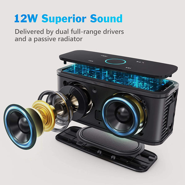 BTFOOR Bluetooth Speakers,Portable Wireless Bluetooth Speakers with 12W HD Sound and Bass, IPX5 Waterproof, 20H Playtime,Touch Control, Handsfree, Speakers for Home,Outdoor,Travel-Black