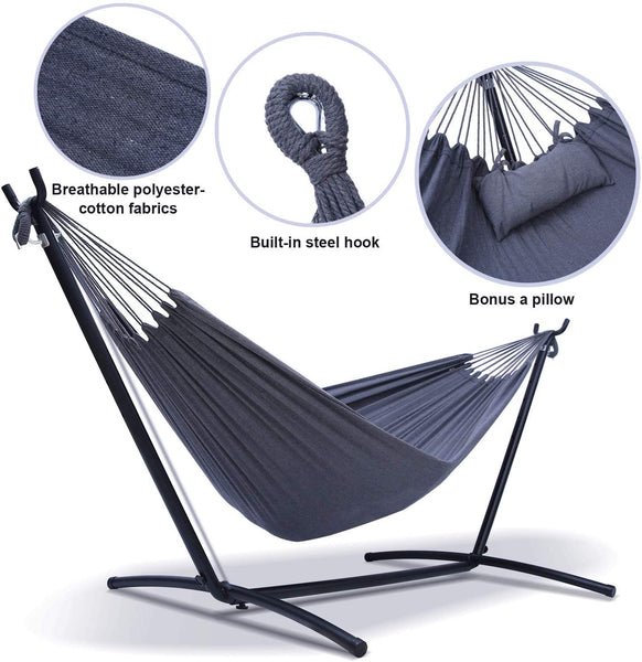 FREECROXX Hammock with Stand, Double Hammock with Space Saving Steel Stand & Pillow, 2-Person Hammock with Portable Carrying Bag for Outdoor Garden Yard Porch Patio & Indoor Space, 450 lb Capacity, Grey