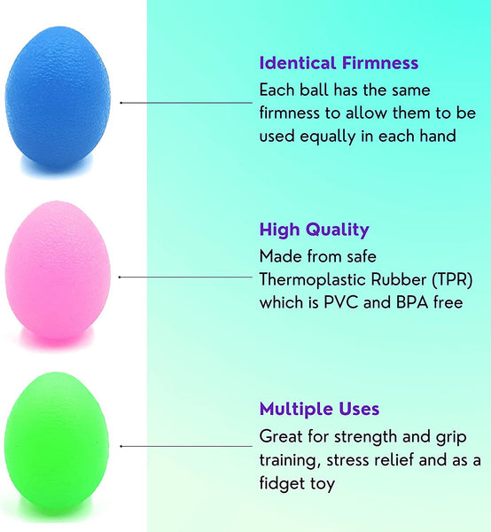 CECEIN Stress Balls for Adults Anxiety, Firm Squeeze Balls for Hand Strengthening Exercise, Stress Relief Toys, Fidget Toy. Blue, Green, Pink Pack of 3 Egg Shaped Stress Ball