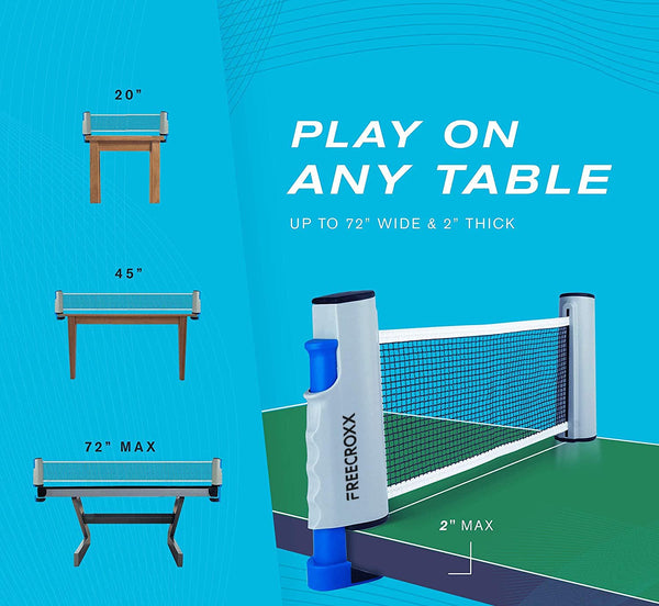 FREECROXX Retractable Portable Table Tennis Net and Post Set - Table Tennis Net for Any Table - Adjustable Length Net Stretches to Any Table Up to 2 Inches - Indoor & Outdoor Table Tennis Net
