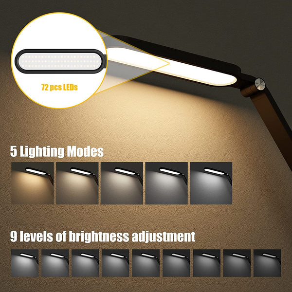 LED Desk Lamp, FOBISABI Eye-Caring Table Lamps Natural Light Protects Eyes Dimmable Office Lamp with 5 Color Modes USB Charging Port Touch Control and Memory Function, 10W Reading Lamp,Black
