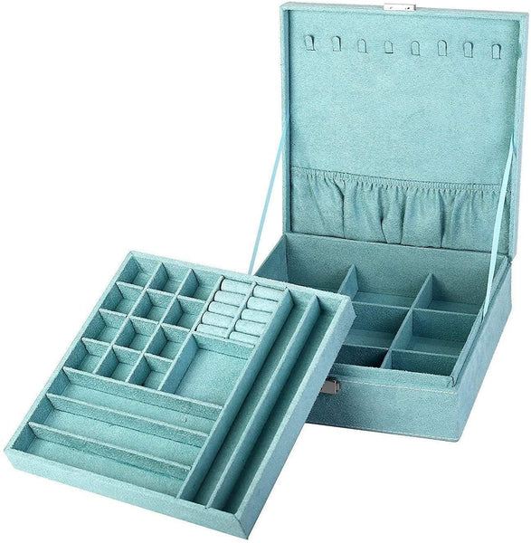 LOIJADE Two-Layer lint Jewelry Box Organizer Display Storage case with Lock (Blue)