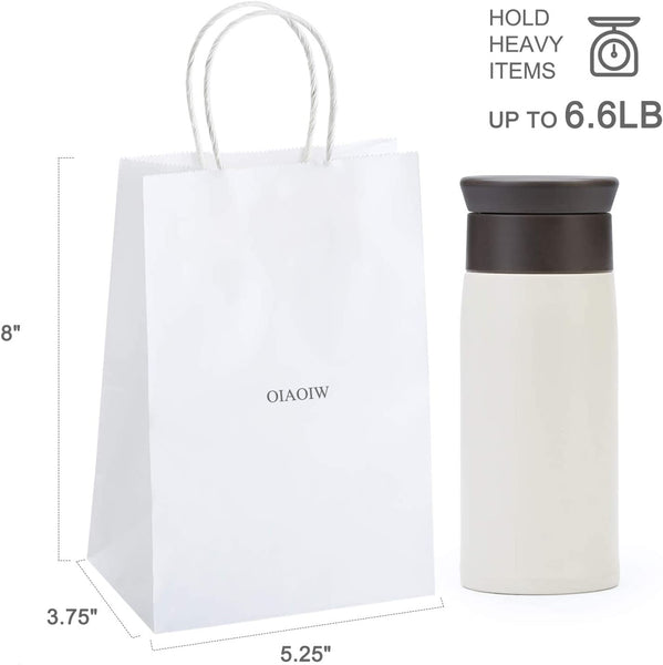 Kraft Paper Bags with Handles, 5.25x3.75x8 White Kraft Gift Bag, 50 Pc Bulk Grocery Shopping Bags, Party, Retail, Business, Packaging, Merchandise, Boutique, Wedding Favor, Baby Shower, Small Business