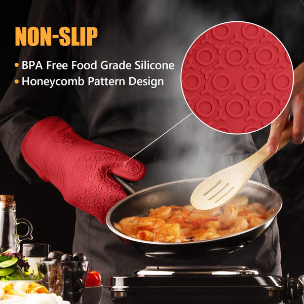 Jiojioy Extra Long Silicone Oven Mitt: 500 F Heat Resistant Kitchen Mittens Non Slip Pot Holders 15 Inches Flexible Oven Mits Potholders for Cooking Baking, Box Wrap, Red, Pack of 2
