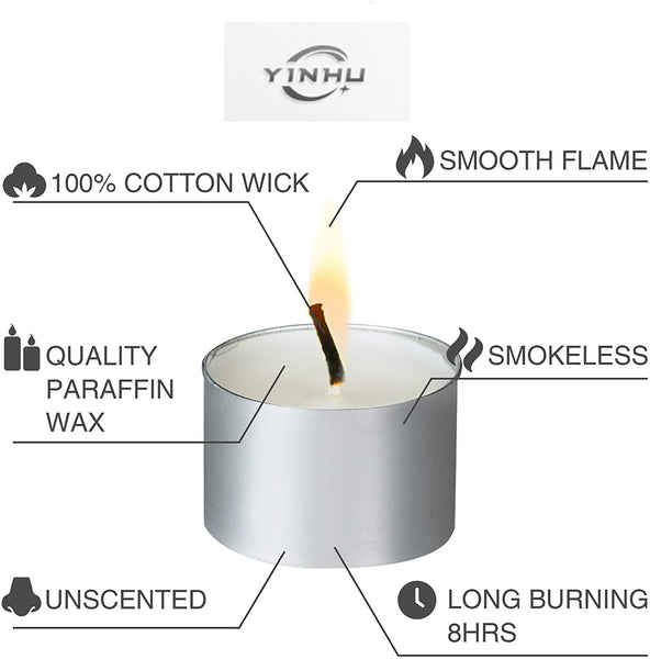 YINHU Tealight Candles - 8 Hour Long time Burning, Giant 100,200,300 Packs -White Smokeless Tea Light Unscented Candles for Shabbat, Weddings, Christmas,Home Decorative - 300 Pack