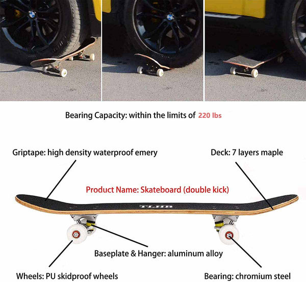 TLHB Skateboards for Girls Teens Beginners 31” x 8” inch Pro Complete Standard Skateboard Double Kick 7 Layer Canadian Maple Deck Cruiser Skate Boards for Kids Boys Girls Gifts