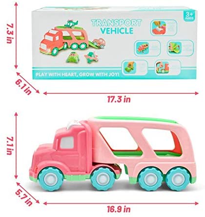Cartoon Vehicles Toddler Girl Toys Friction Powered Pink Toy Car Carrier Transport Truck with Light & Sound 5 in 1 Toy Cars /Airplane /Helicopter Birthday Gift Toys