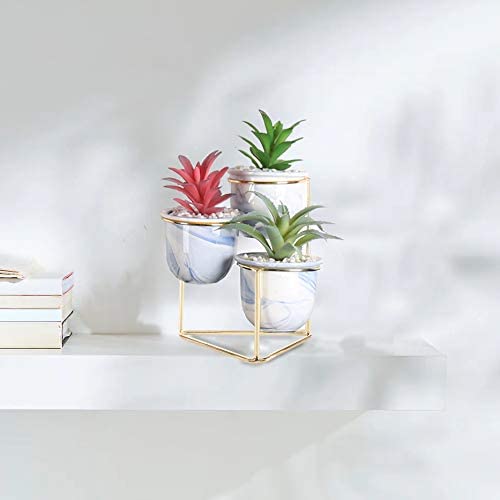 3 Tier Medium Artificial Succulent Plants Fake Decorations in Modern Ceramic Pots, Inside with Lifelike Stone Pebbles, with Gold Metal Stand